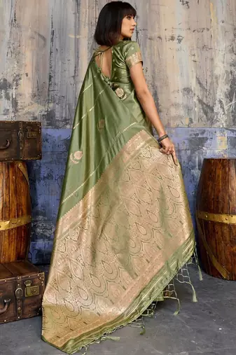 Olive woven design zari satin banarasi saree