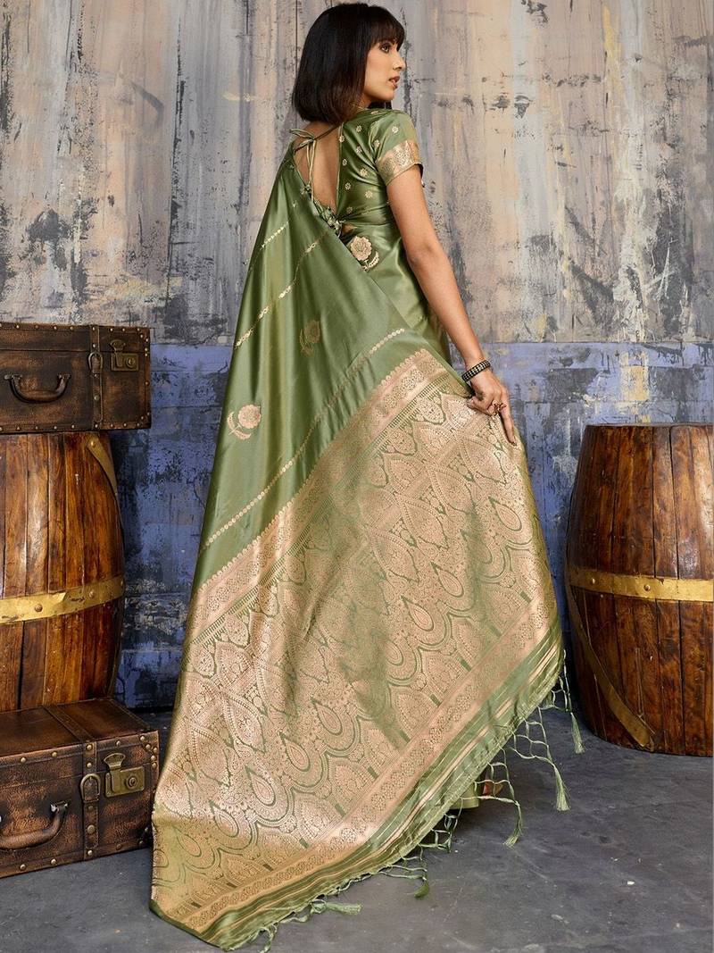 Olive woven design zari satin banarasi saree