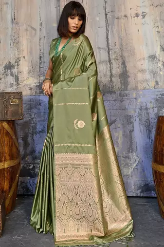 Olive woven design zari satin banarasi saree