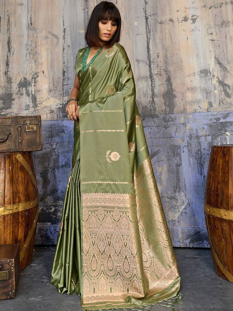 Olive woven design zari satin banarasi saree