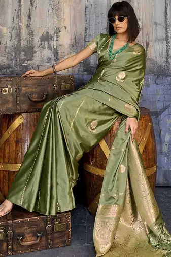 Olive woven design zari satin banarasi saree