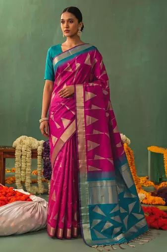 magenta soft silk blend saree for women festive party wedding geometric ethnic saree