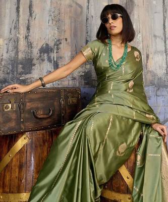 Olive woven design zari satin banarasi saree 5