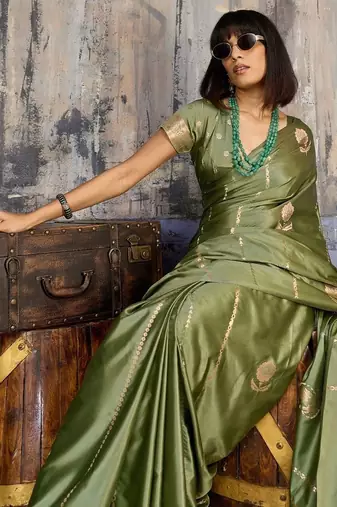 Olive woven design zari satin banarasi saree