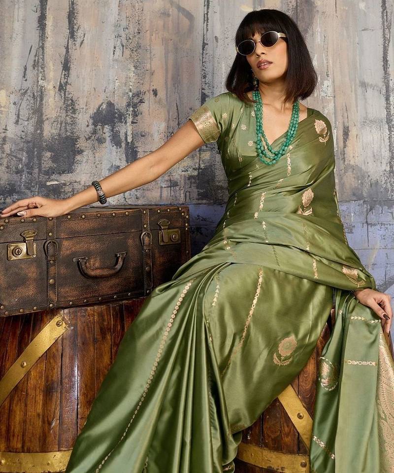 Olive woven design zari satin banarasi saree