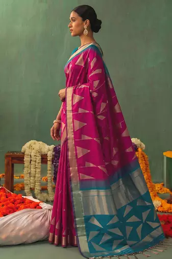 magenta soft silk blend saree for women festive party wedding geometric ethnic saree