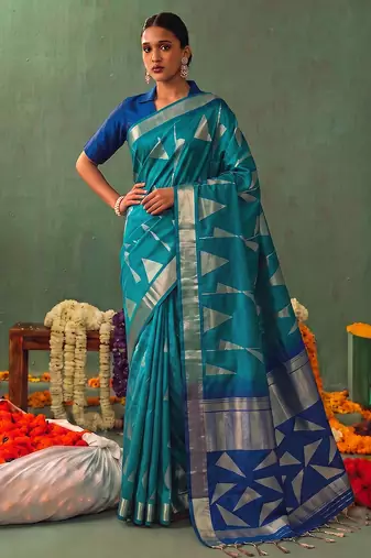 teal blue soft silk blend saree for women festive party wedding geometric ethnic saree