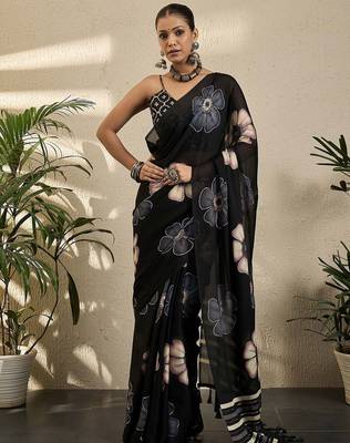Black floral printed saree with blouse piece 1