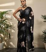 Black floral printed saree with blouse piece