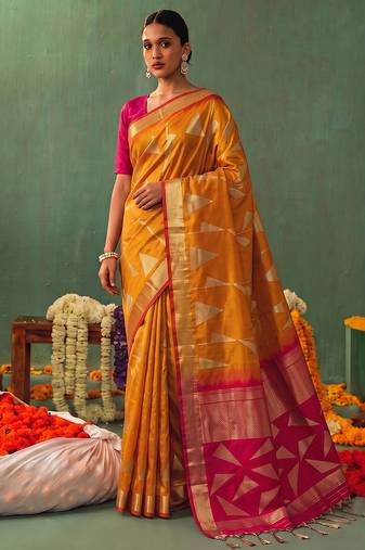 mustard yellow soft silk blend saree for women festive party wedding geometric saree