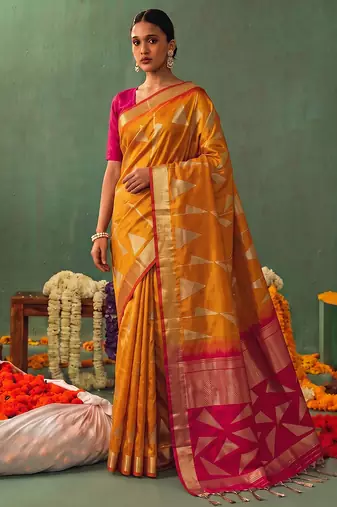 mustard yellow soft silk blend saree for women festive party wedding geometric saree