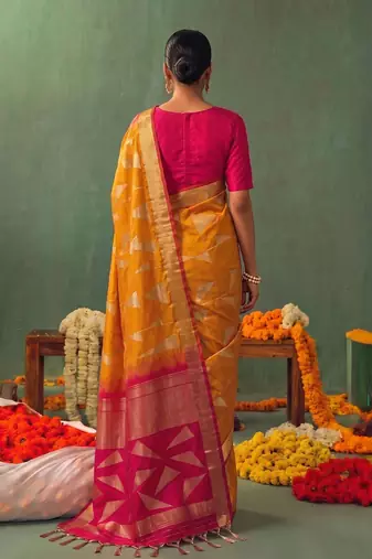 mustard yellow soft silk blend saree for women festive party wedding geometric saree