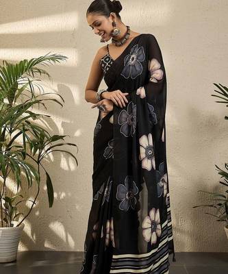 Black floral printed saree with blouse piece 2