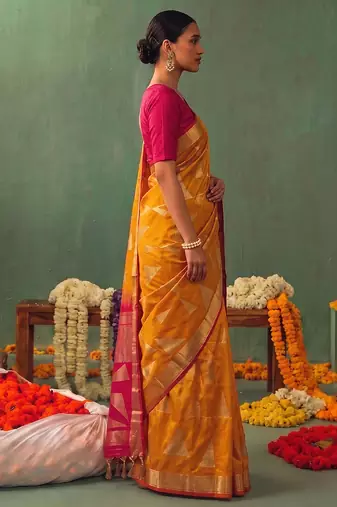 mustard yellow soft silk blend saree for women festive party wedding geometric saree