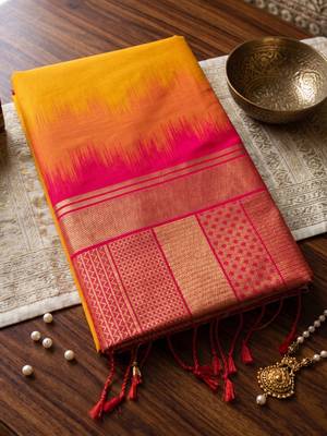 mustard yellow soft silk blend saree for women festive party wedding geometric saree 4