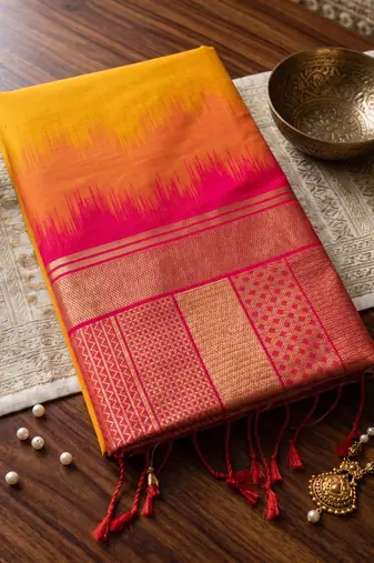 mustard yellow soft silk blend saree for women festive party wedding geometric saree