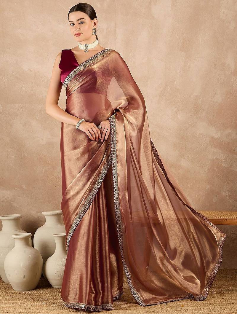 Copper embroidered  chiffon saree