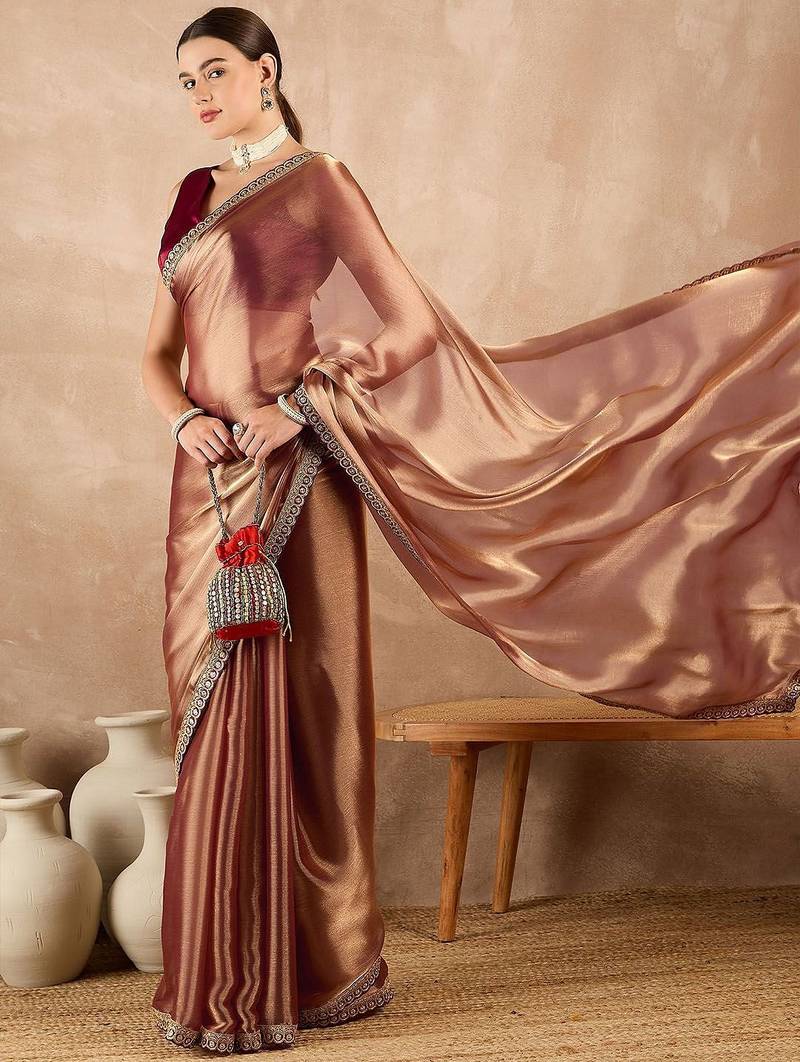 Copper embroidered  chiffon saree