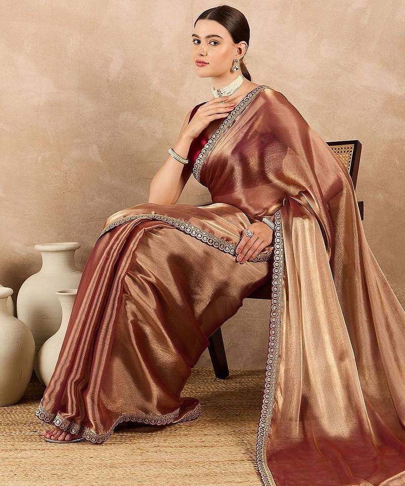 Copper embroidered  chiffon saree