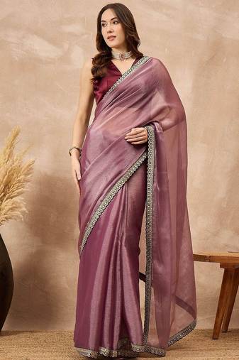 Mauve satin saree with embroidered border