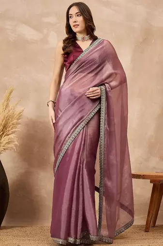 Mauve satin saree with embroidered border