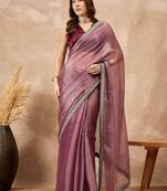 Mauve satin saree with embroidered border
