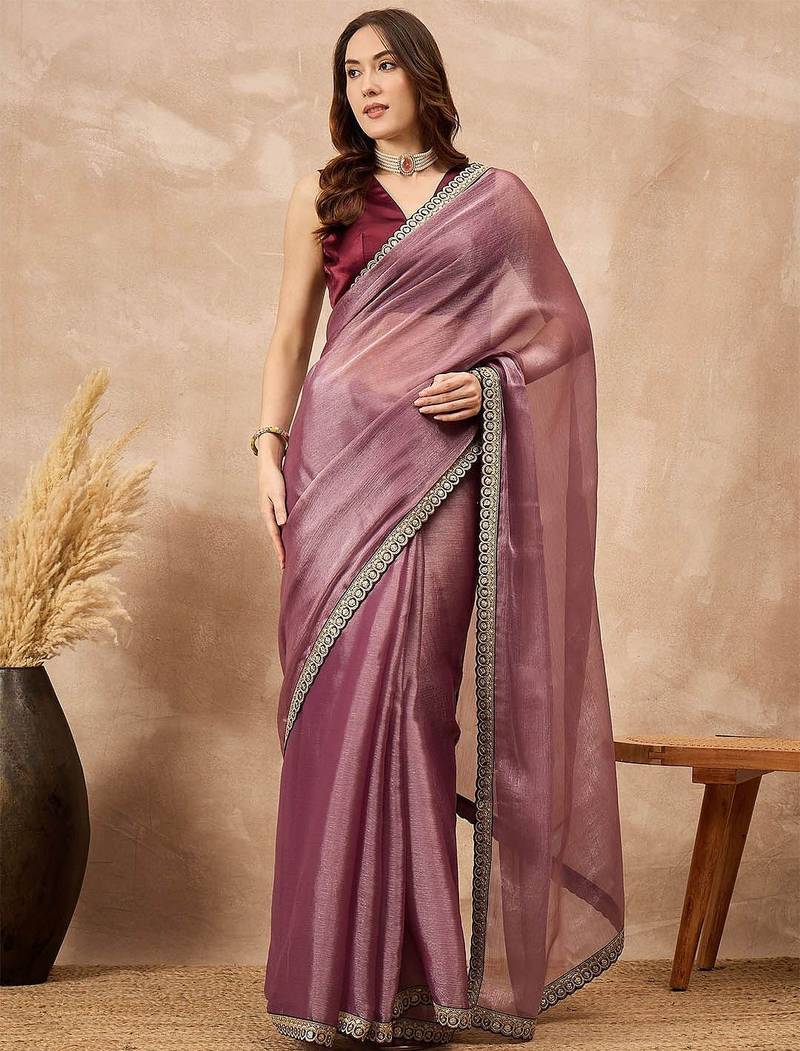 Mauve satin saree with embroidered border