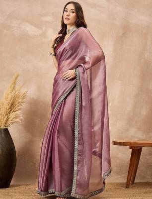 Mauve satin saree with embroidered border 2