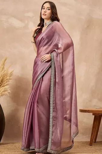 Mauve satin saree with embroidered border