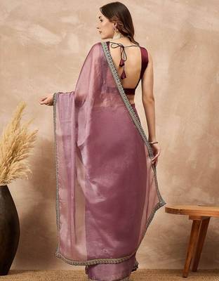 Mauve satin saree with embroidered border 3