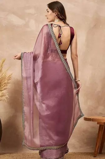 Mauve satin saree with embroidered border