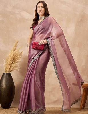 Mauve satin saree with embroidered border 4