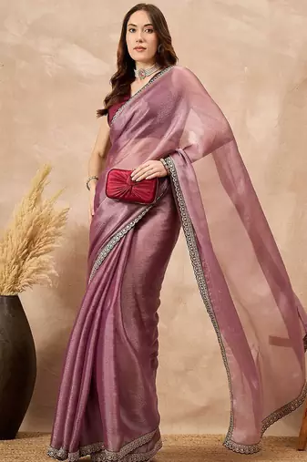 Mauve satin saree with embroidered border