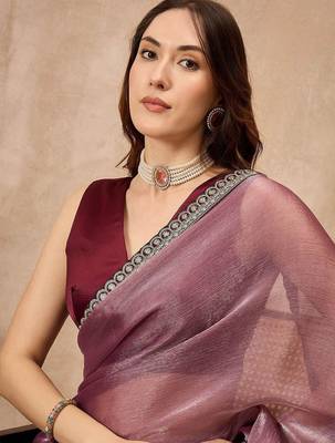 Mauve satin saree with embroidered border 5
