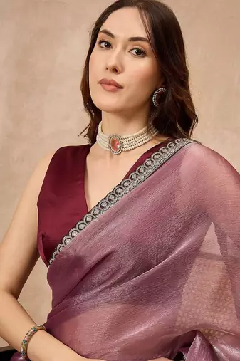 Mauve satin saree with embroidered border