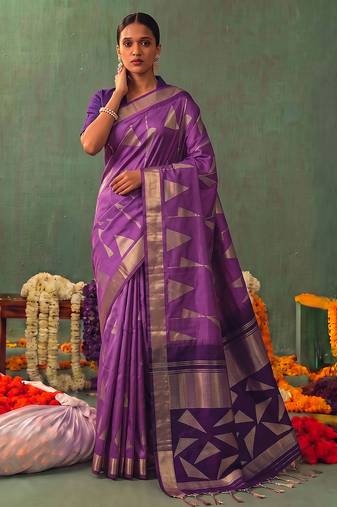 purple soft silk blend saree for women festive party wedding geometric motif saree