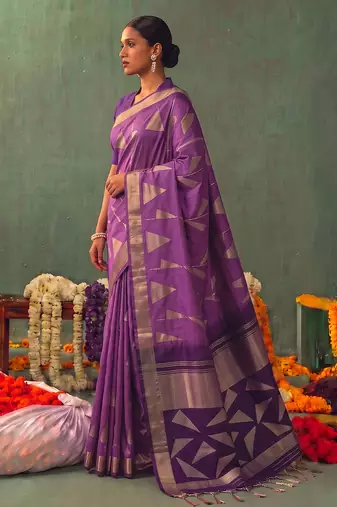 purple soft silk blend saree for women festive party wedding geometric motif saree