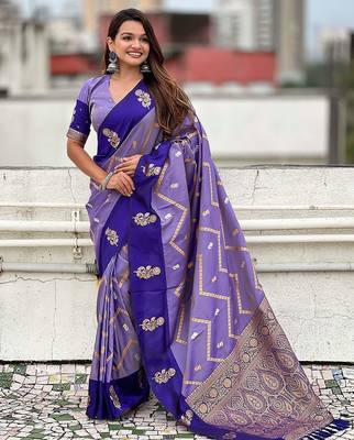 Violet ethnic motifs woven design zari banarasi saree 1