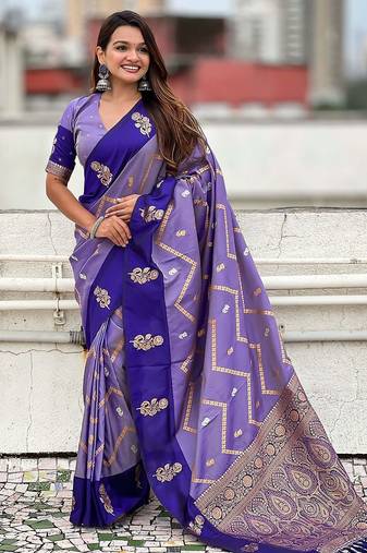 Violet ethnic motifs woven design zari banarasi saree