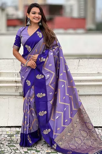 Violet ethnic motifs woven design zari banarasi saree
