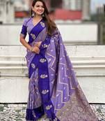 Violet ethnic motifs woven design zari banarasi saree