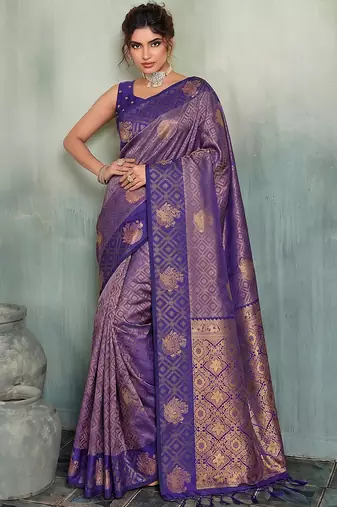 purple brasso saree for women festive wedding wear with rich zari motifs