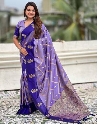 Violet ethnic motifs woven design zari banarasi saree 2