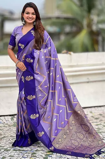 Violet ethnic motifs woven design zari banarasi saree