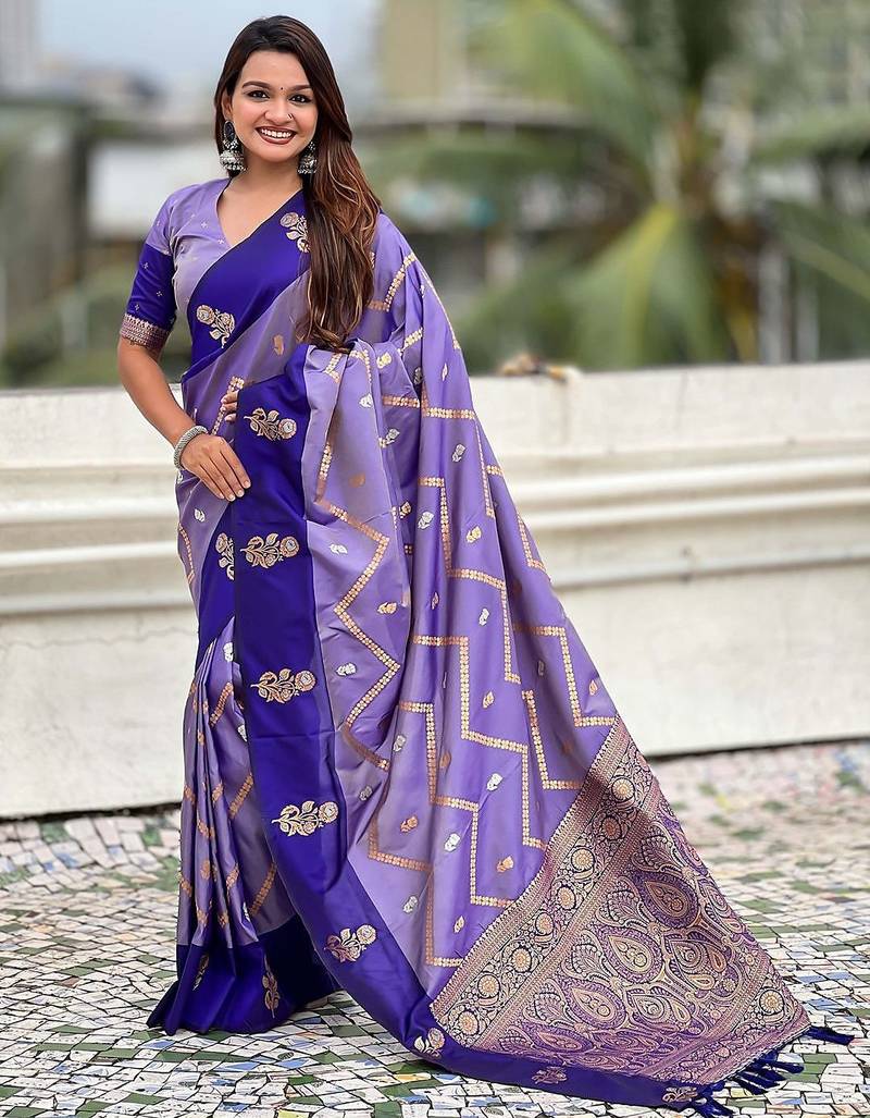 Violet ethnic motifs woven design zari banarasi saree