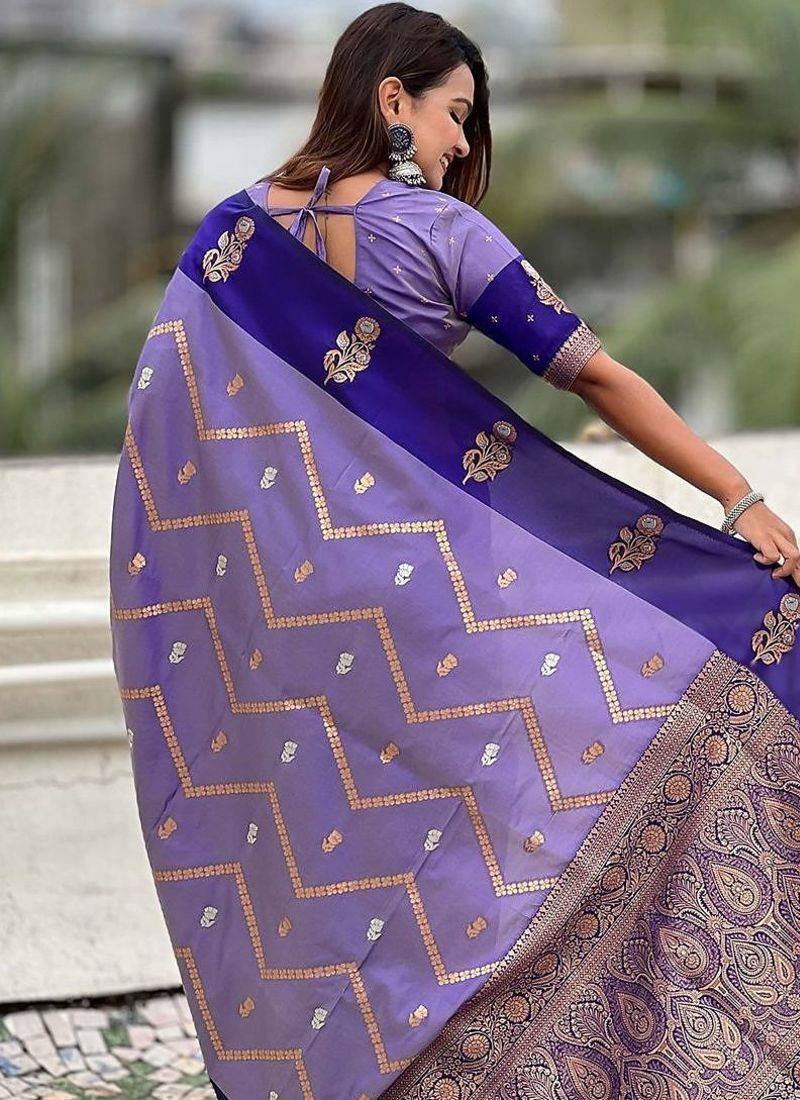 Violet ethnic motifs woven design zari banarasi saree