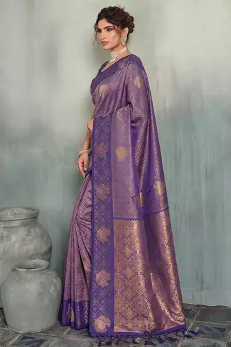 purple brasso saree for women festive wedding wear with rich zari motifs