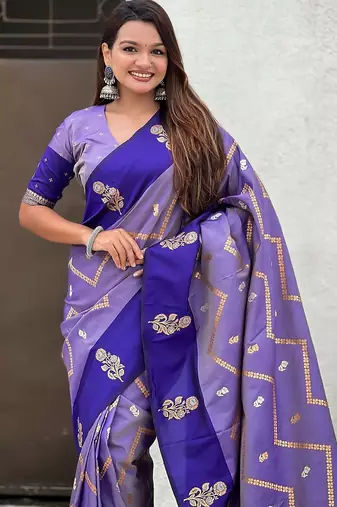 Violet ethnic motifs woven design zari banarasi saree