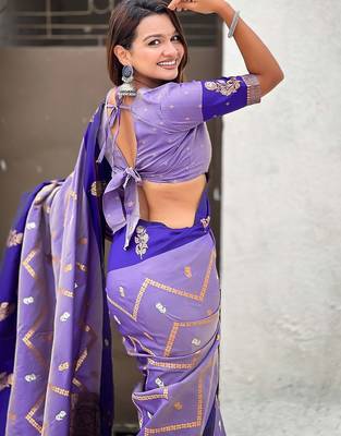 Violet ethnic motifs woven design zari banarasi saree 5