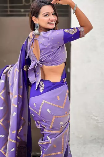 Violet ethnic motifs woven design zari banarasi saree